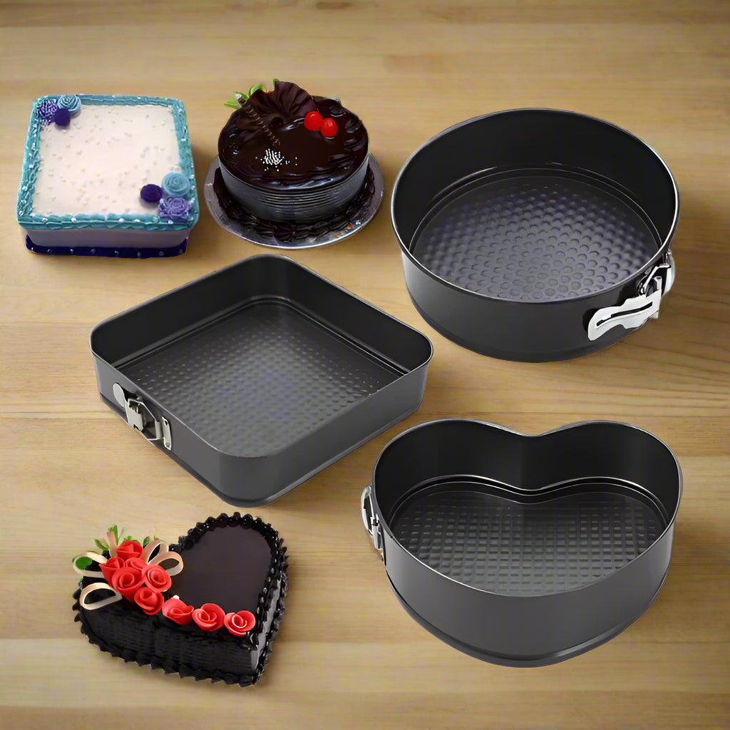 Coated Springform Cake Mould Pan Set – Round, Square & Heart Shape | Non-Stick, Leakproof Bakeware for Baking Cakes & Cheesecakes